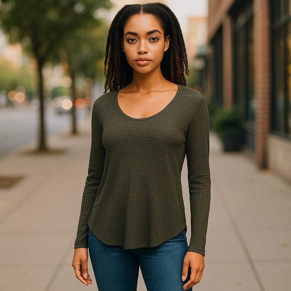 Express Womens Top Size S One Eleven Olive Green Scoop Neck Long Sleeve NEW